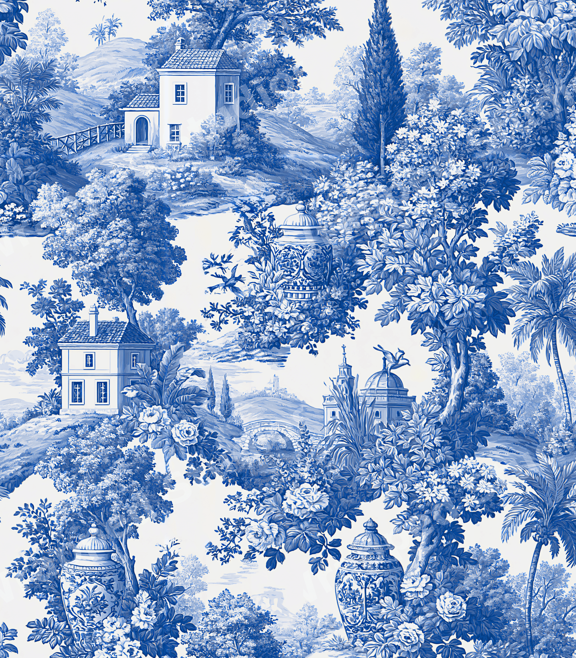 Classic blue and white chinoiserie toile pattern featuring vintage landscapes and country houses.