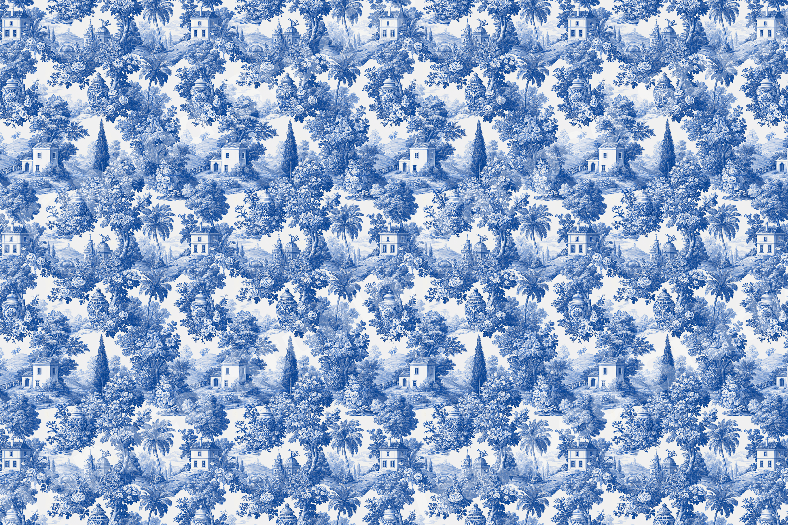 Classic blue and white toile de Jouy pattern featuring vintage pastoral landscapes and country houses.