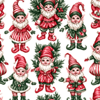 Vintage Christmas elf pattern featuring whimsical red and green retro holiday gnomes and green holly.