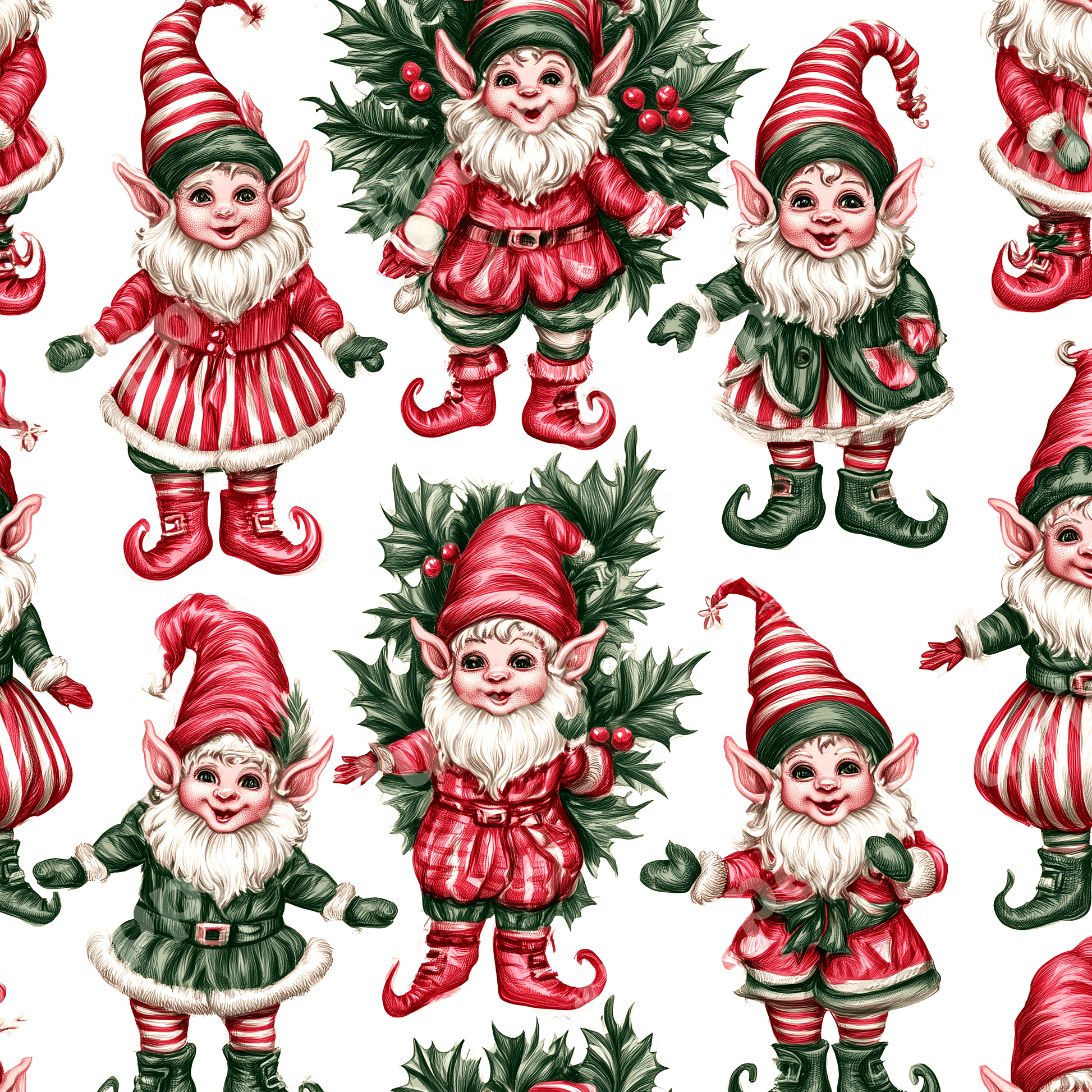 Vintage Christmas elf pattern featuring whimsical red and green retro holiday gnomes and green holly.