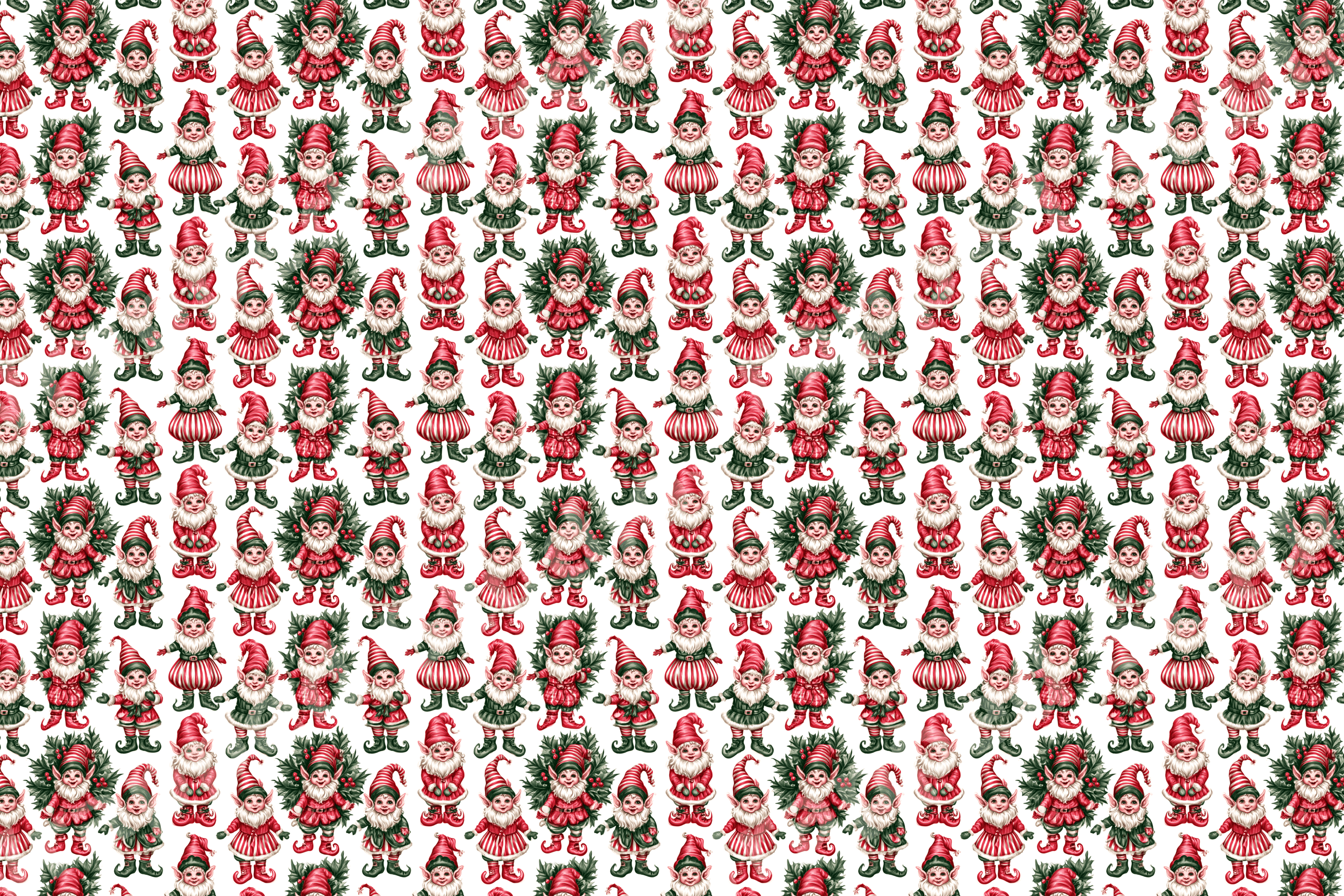 Vintage Christmas pattern featuring retro red and green elves and holiday wreaths on a white background.
