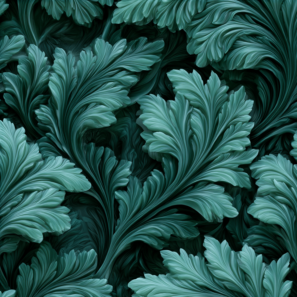 Elegant seamless botanical pattern featuring sculptural leaves in rich teal and dark green.