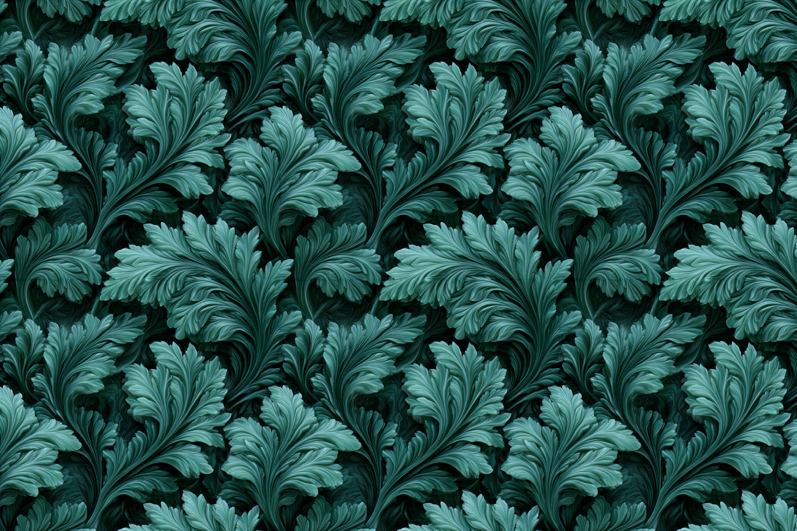Vintage botanical design featuring elegant carved teal acanthus leaves in a seamless baroque pattern.