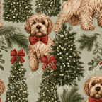 Vintage Christmas dog pattern featuring goldendoodles, red bows, and lighted holiday trees on sage green.