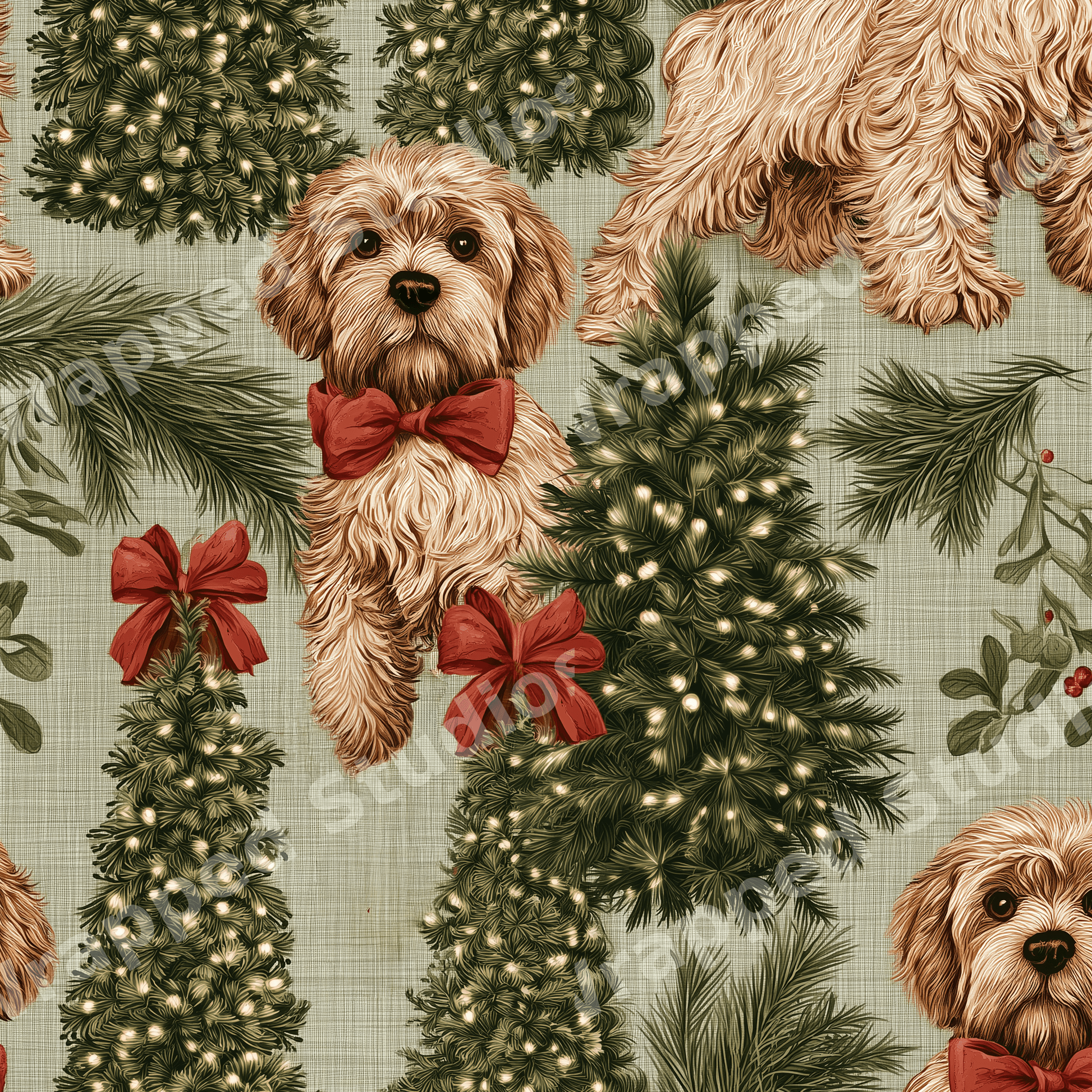Vintage Christmas dog pattern featuring goldendoodles, red bows, and lighted holiday trees on sage green.