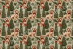 Vintage holiday dog pattern with goldendoodles, Christmas trees, and mistletoe on sage green.