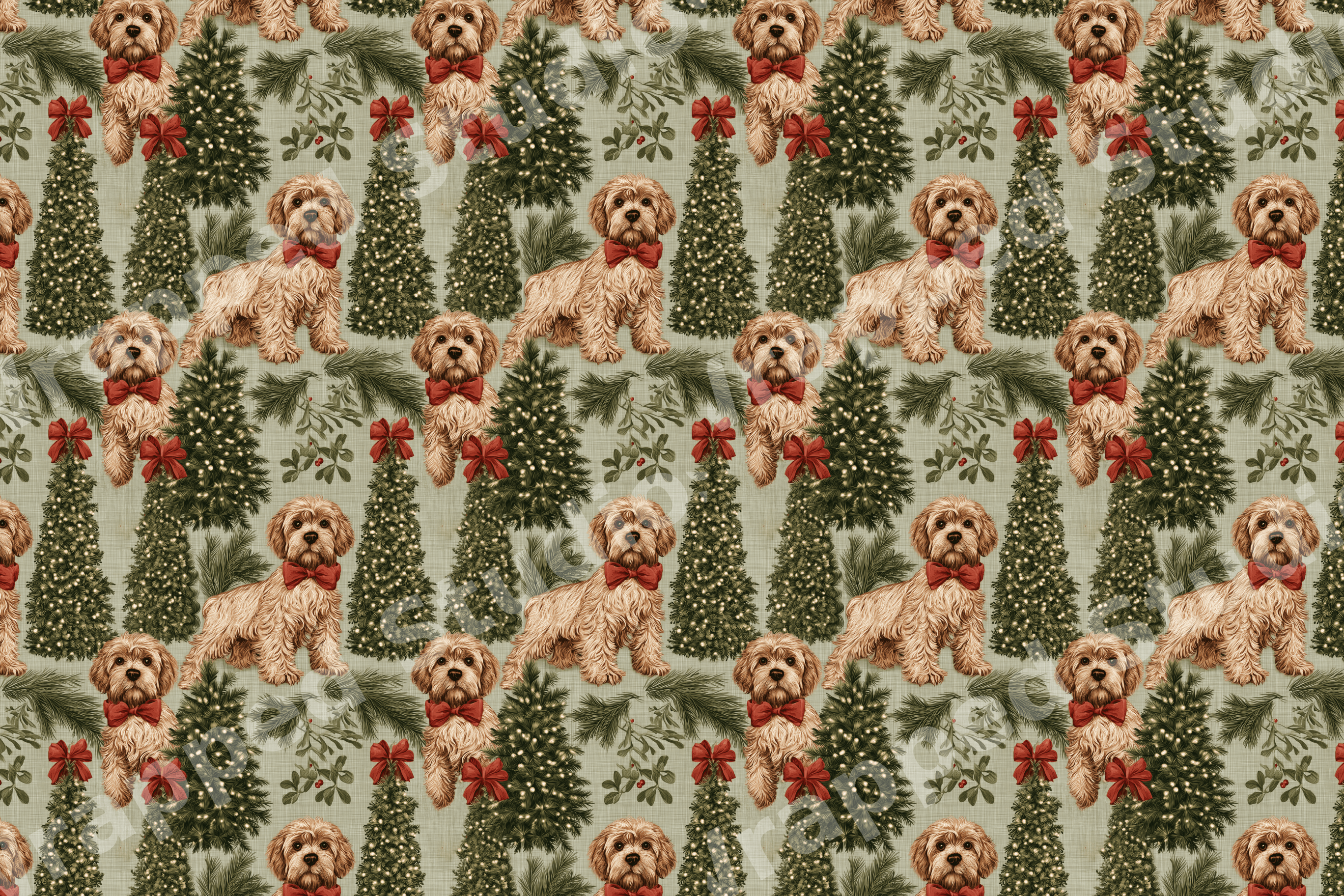 Vintage holiday dog pattern with goldendoodles, Christmas trees, and mistletoe on sage green.
