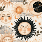 Vintage celestial pattern with watercolor sun and moon faces, stars, and clouds in gold and terracotta.