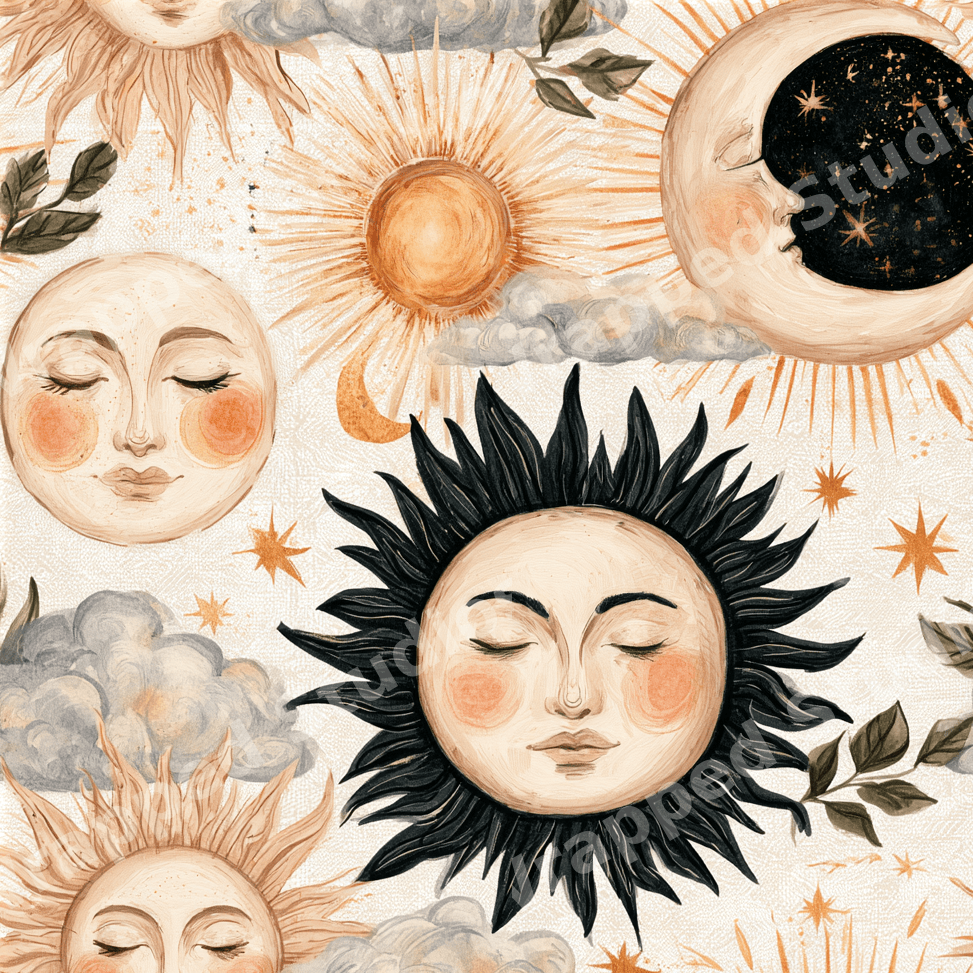Vintage celestial pattern with watercolor sun and moon faces, stars, and clouds in gold and terracotta.