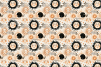 Vintage celestial pattern with mystical sun and moon faces, stars, and clouds in black and gold on cream.