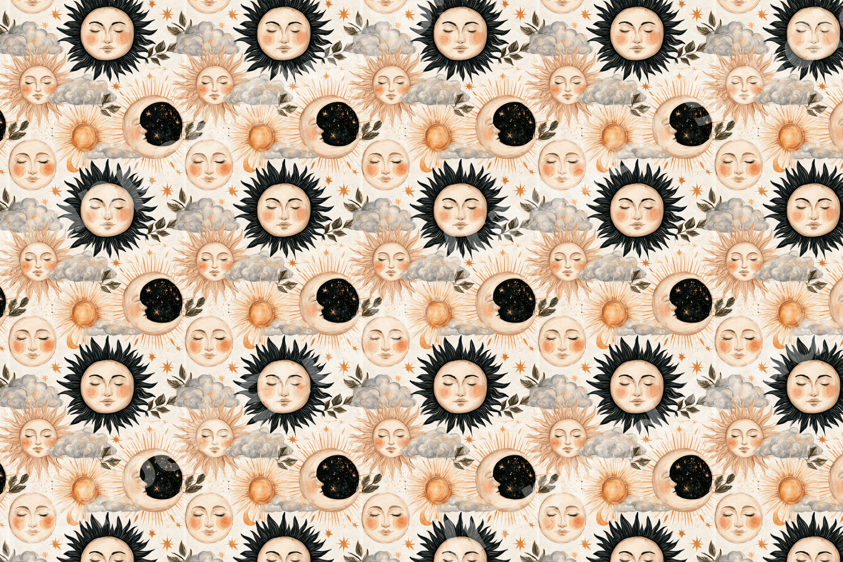 Vintage celestial pattern with mystical sun and moon faces, stars, and clouds in black and gold on cream.