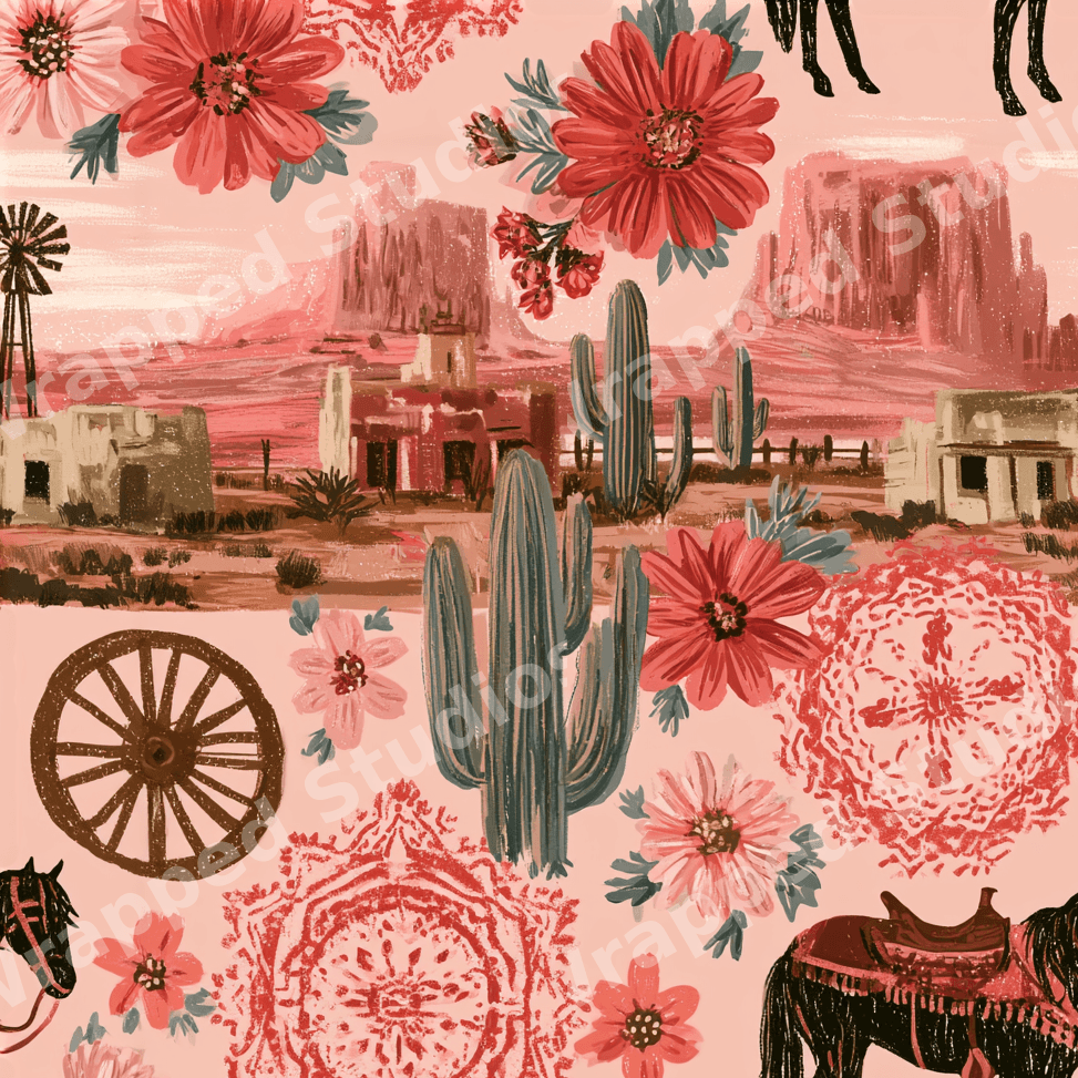 Boho western pattern with desert cacti, horses, wagon wheels, and pink flowers in rustic terracotta tones.