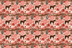 Vintage Western pattern with horses, saguaro cacti, and desert flowers in warm terracotta and pink tones.
