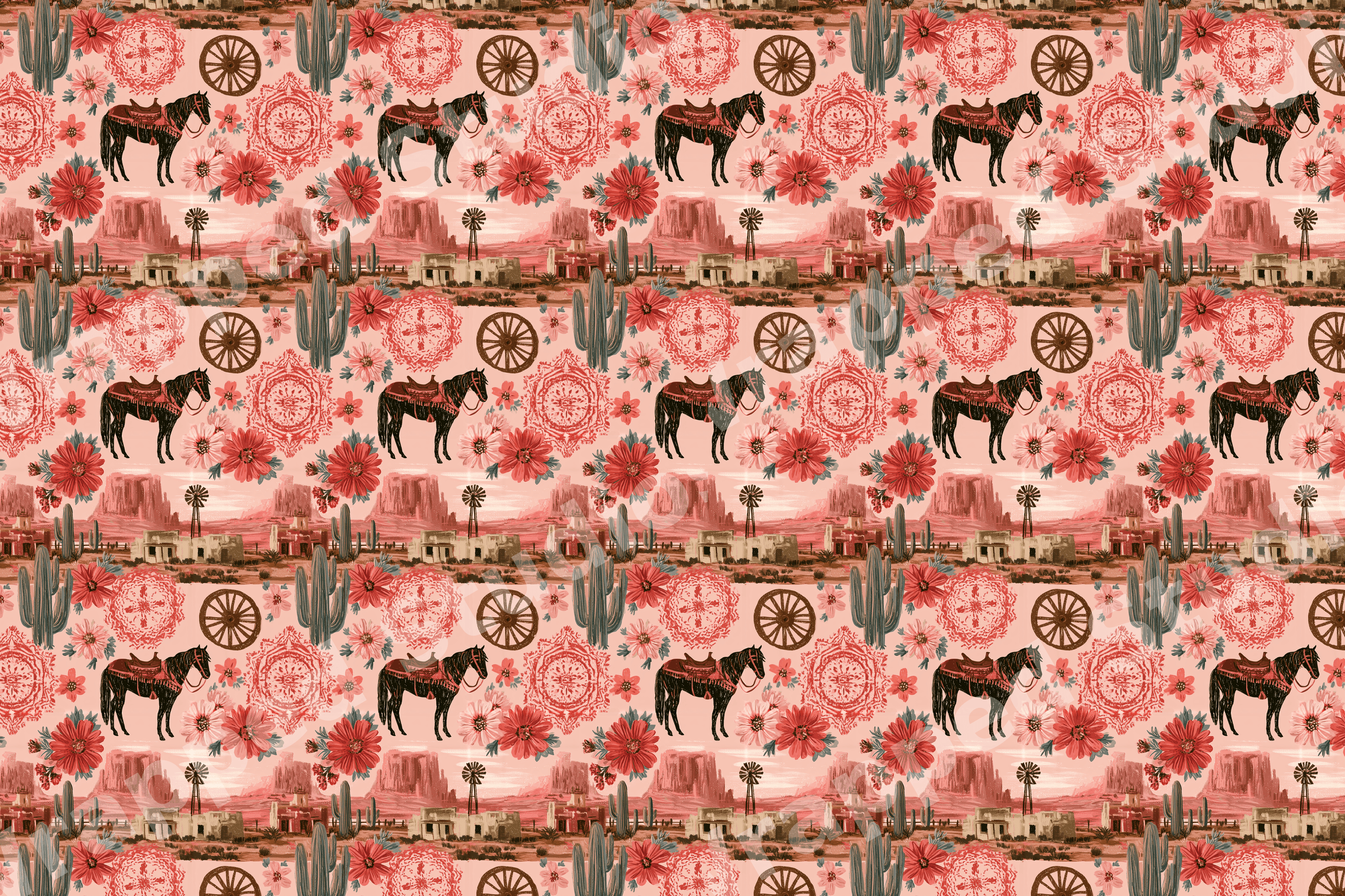 Vintage Western pattern with horses, saguaro cacti, and desert flowers in warm terracotta and pink tones.