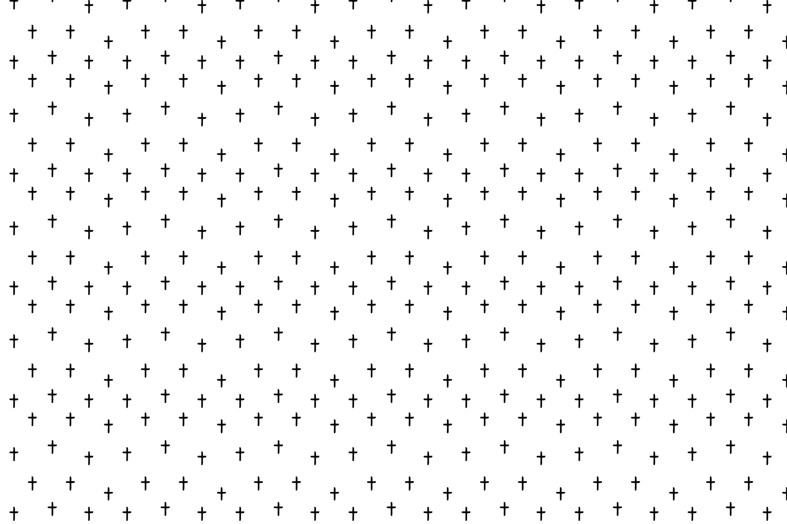 Minimalist geometric pattern of small black Christian crosses repeating on a solid white background.