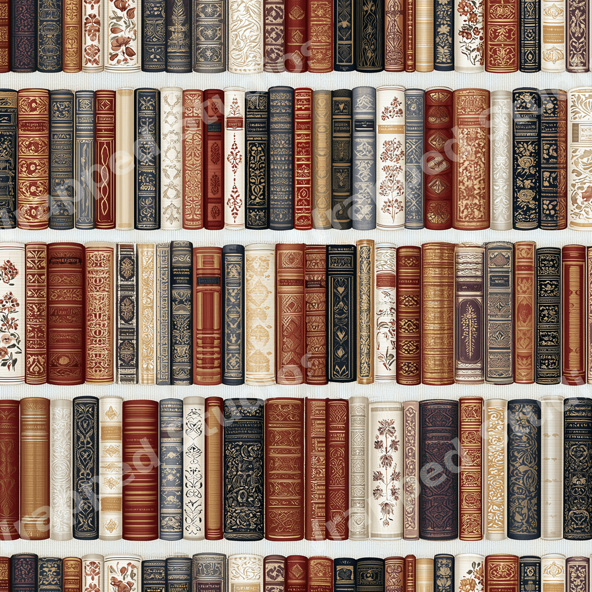 Antique bookshelf pattern with vintage leather book spines in rich red, navy, gold, and cream.