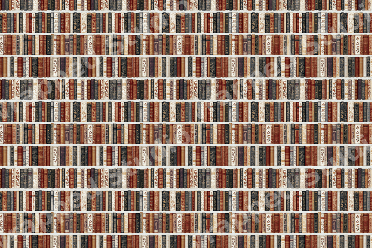 Vintage library bookshelf pattern featuring antique book spines in warm brown, burgundy, and gold.