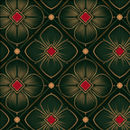 Elegant Art Deco geometric floral pattern with gold and red stylized flowers on dark green.