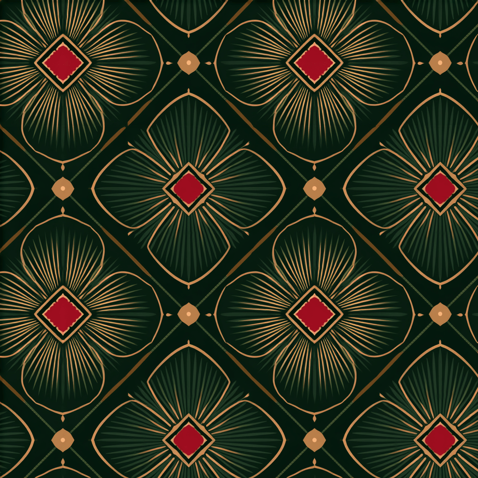 Elegant Art Deco geometric floral pattern with gold and red stylized flowers on dark green.