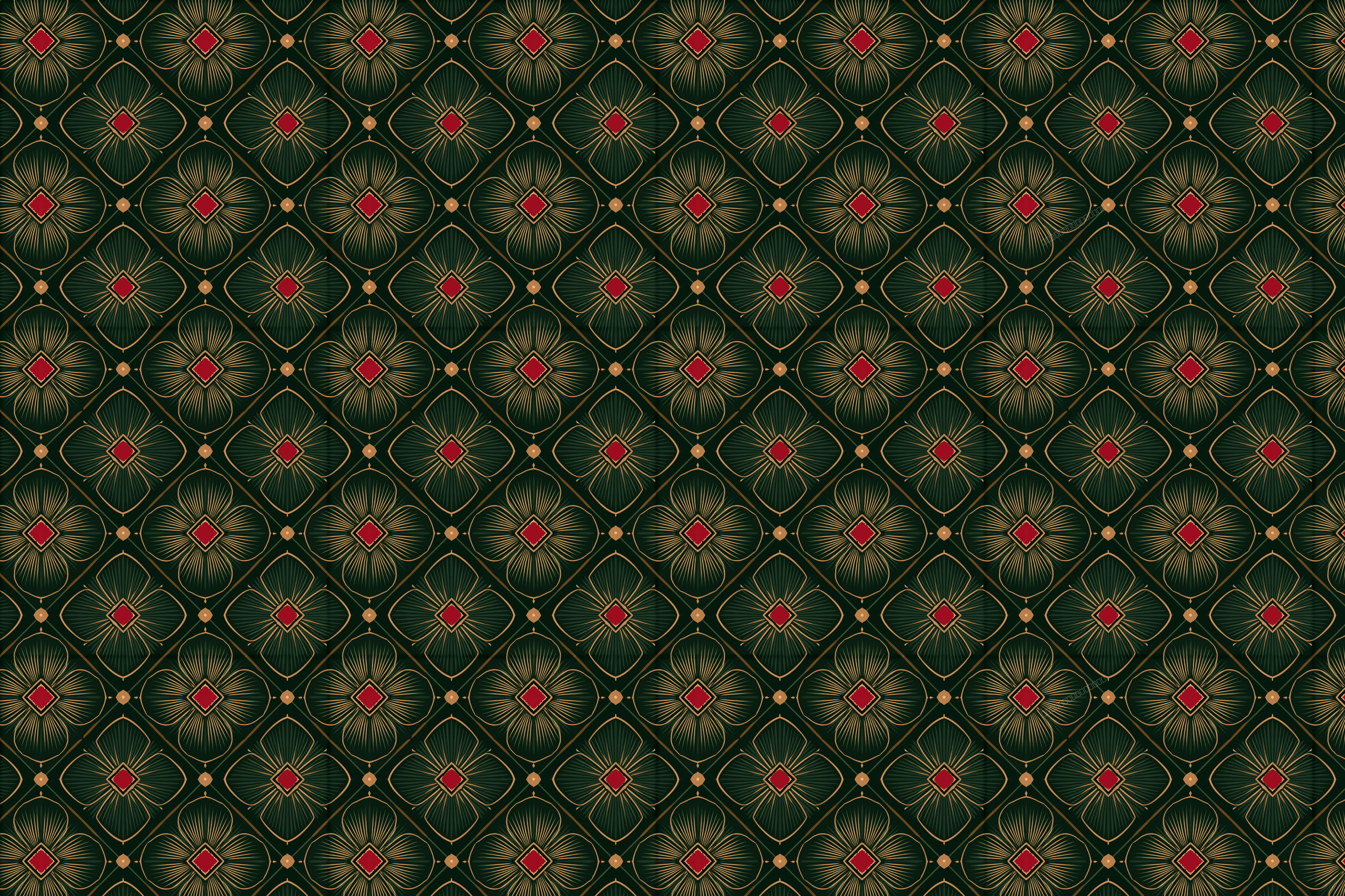 Elegant dark green and gold Art Deco geometric pattern with vintage floral motifs and red diamond accents.