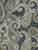 Ornate vintage paisley pattern with elegant olive green and cream botanical swirls on a dark background.