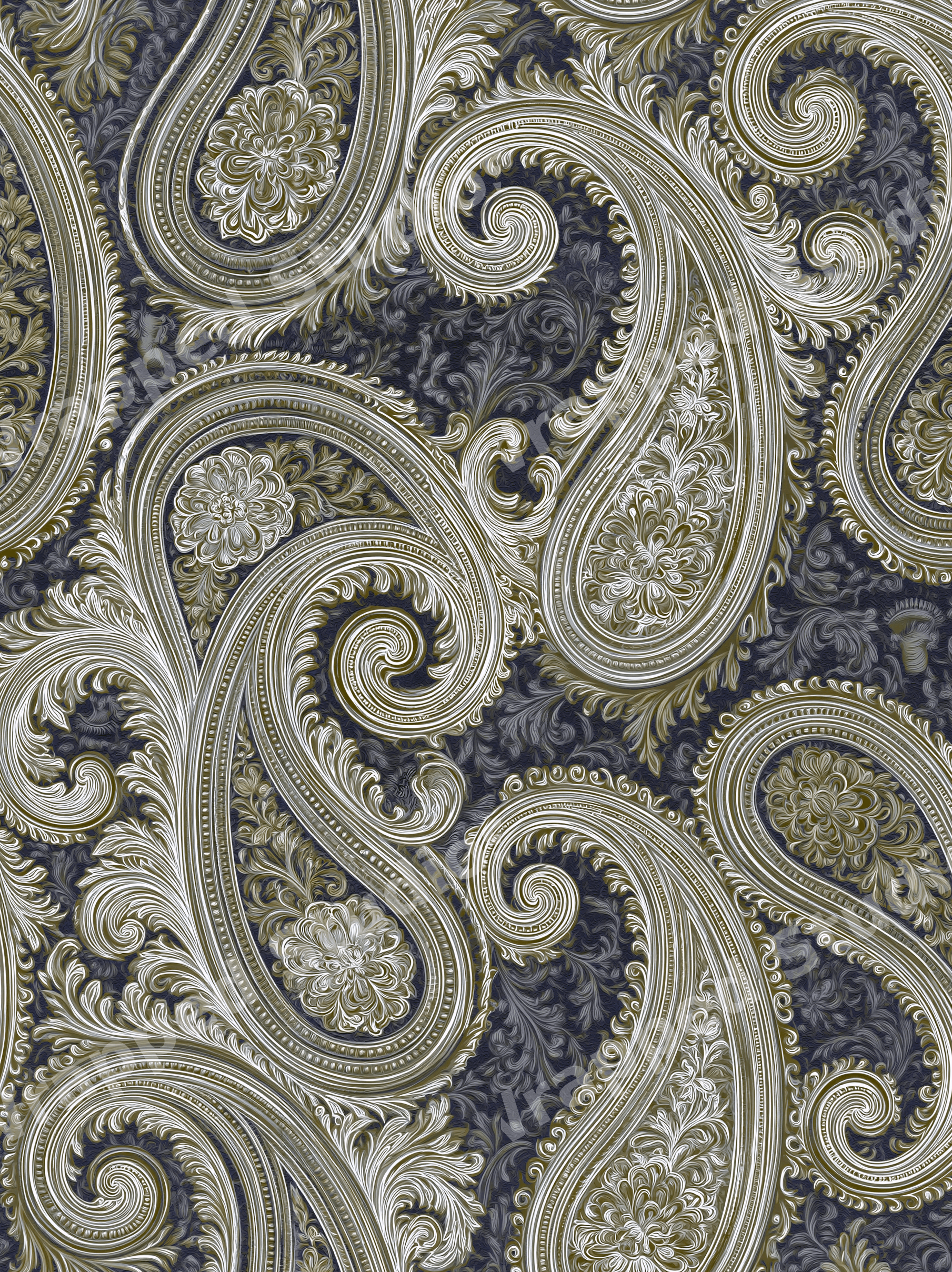 Ornate vintage paisley pattern with elegant olive green and cream botanical swirls on a dark background.