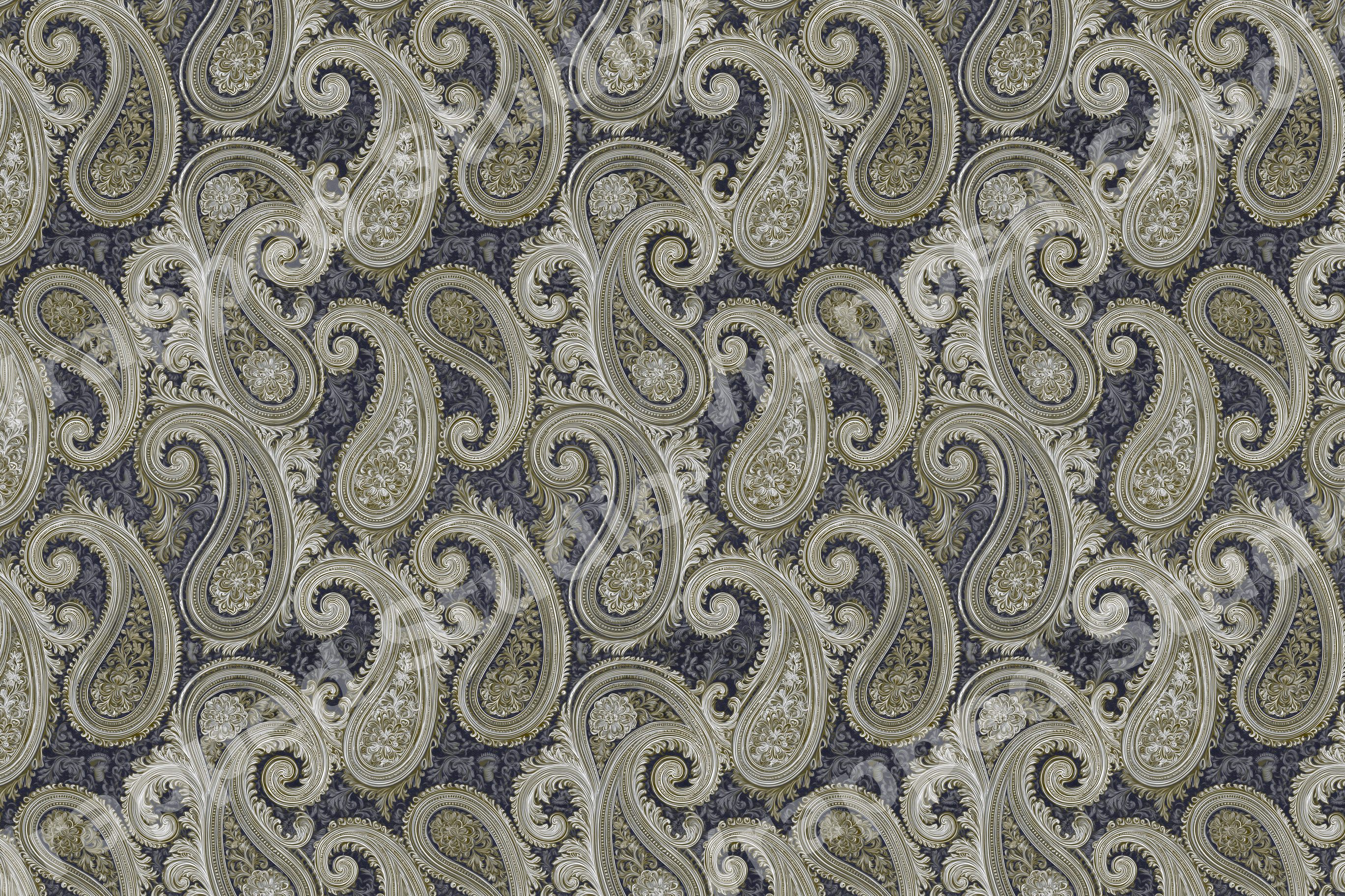Elegant vintage paisley pattern with intricate sage green and cream motifs on a navy blue background.