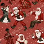 Vintage Black Santa Claus and Mrs. Claus illustration pattern with snow on a festive red background.