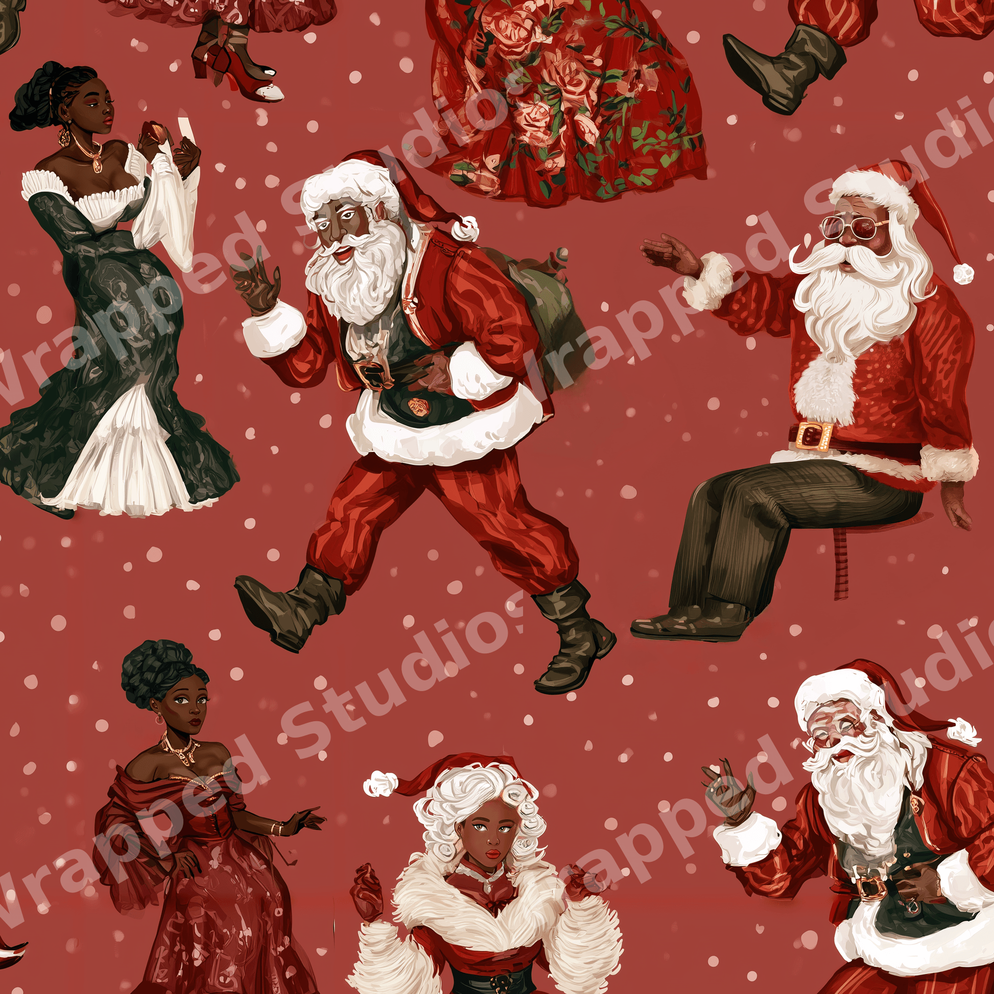 Vintage Black Santa Claus and Mrs. Claus illustration pattern with snow on a festive red background.
