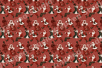 Vintage Christmas pattern featuring Black Santa Claus and festive women in gowns on a red snowy background.