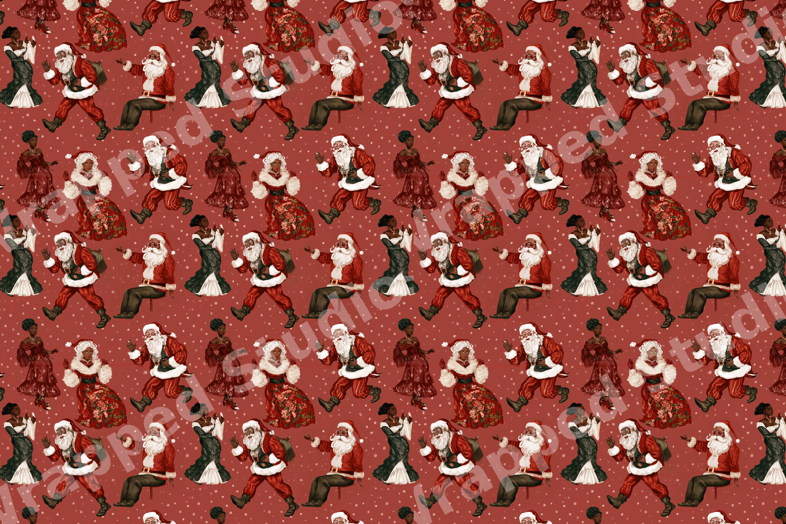 Vintage Christmas pattern featuring Black Santa Claus and festive women in gowns on a red snowy background.