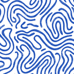 Hand-drawn blue wavy lines and abstract swirls form a modern organic pattern on a white background.