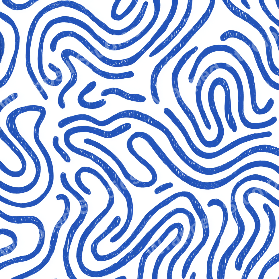 Hand-drawn blue wavy lines and abstract swirls form a modern organic pattern on a white background.