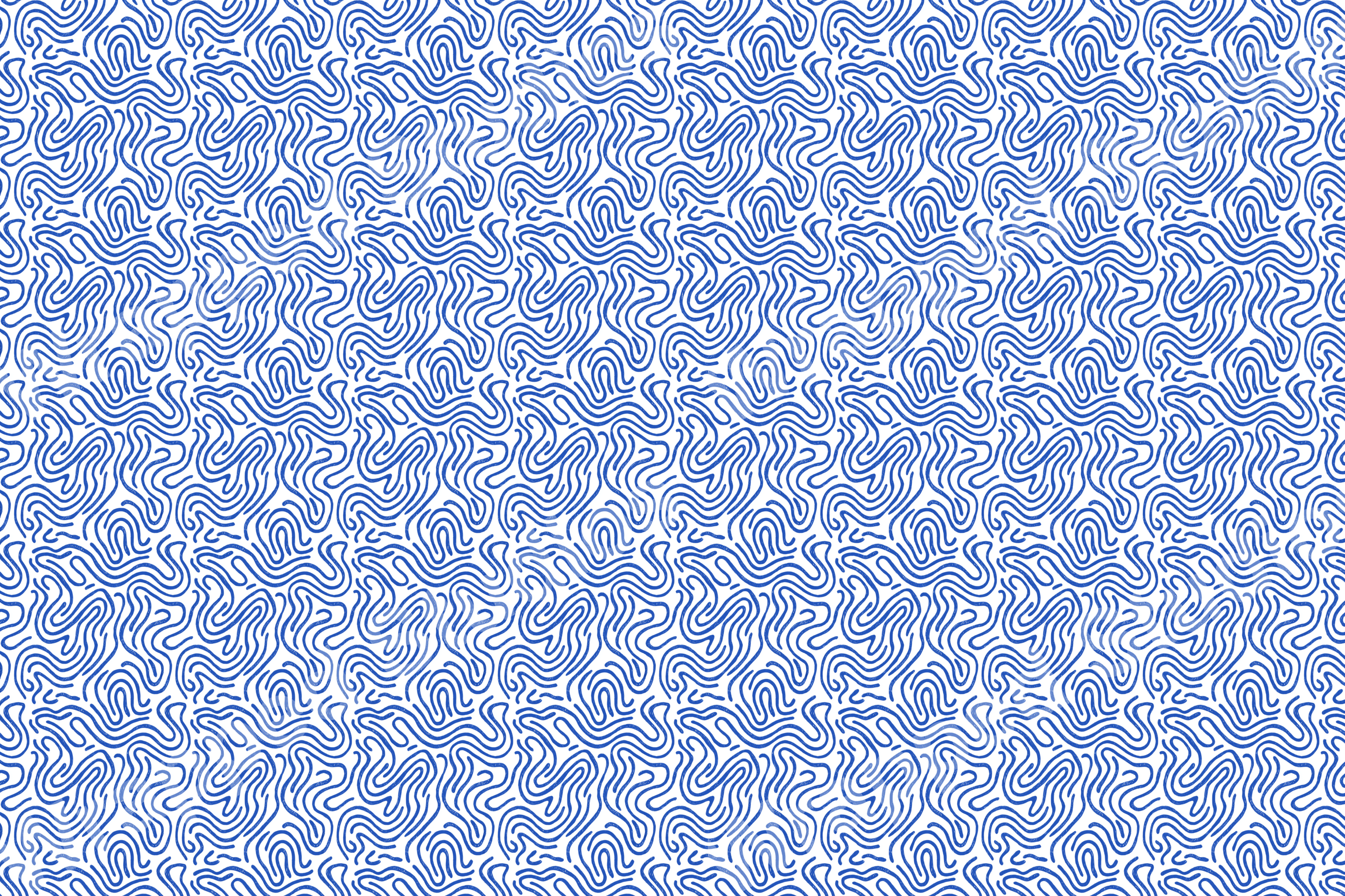Seamless abstract pattern with a dense, blue and white organic wavy line design.