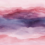 Watercolor abstract pattern in shades of pink, purple, and navy with gold glitter accents.