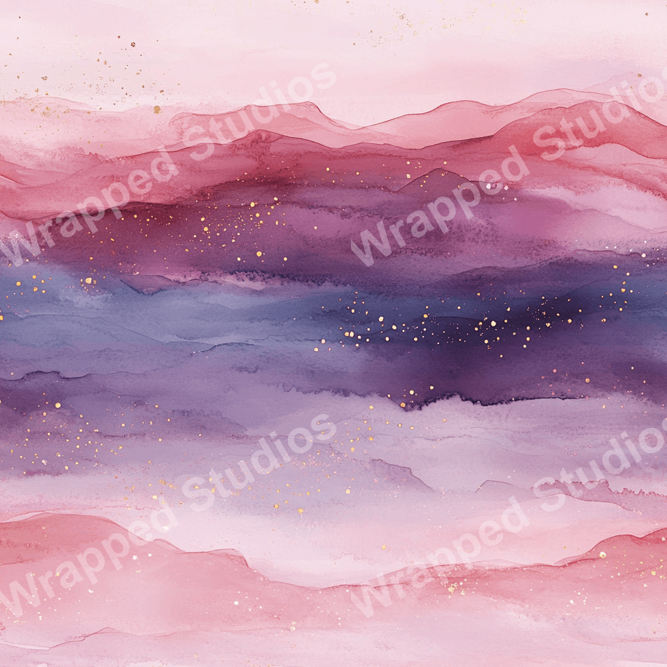 Watercolor abstract pattern in shades of pink, purple, and navy with gold glitter accents.