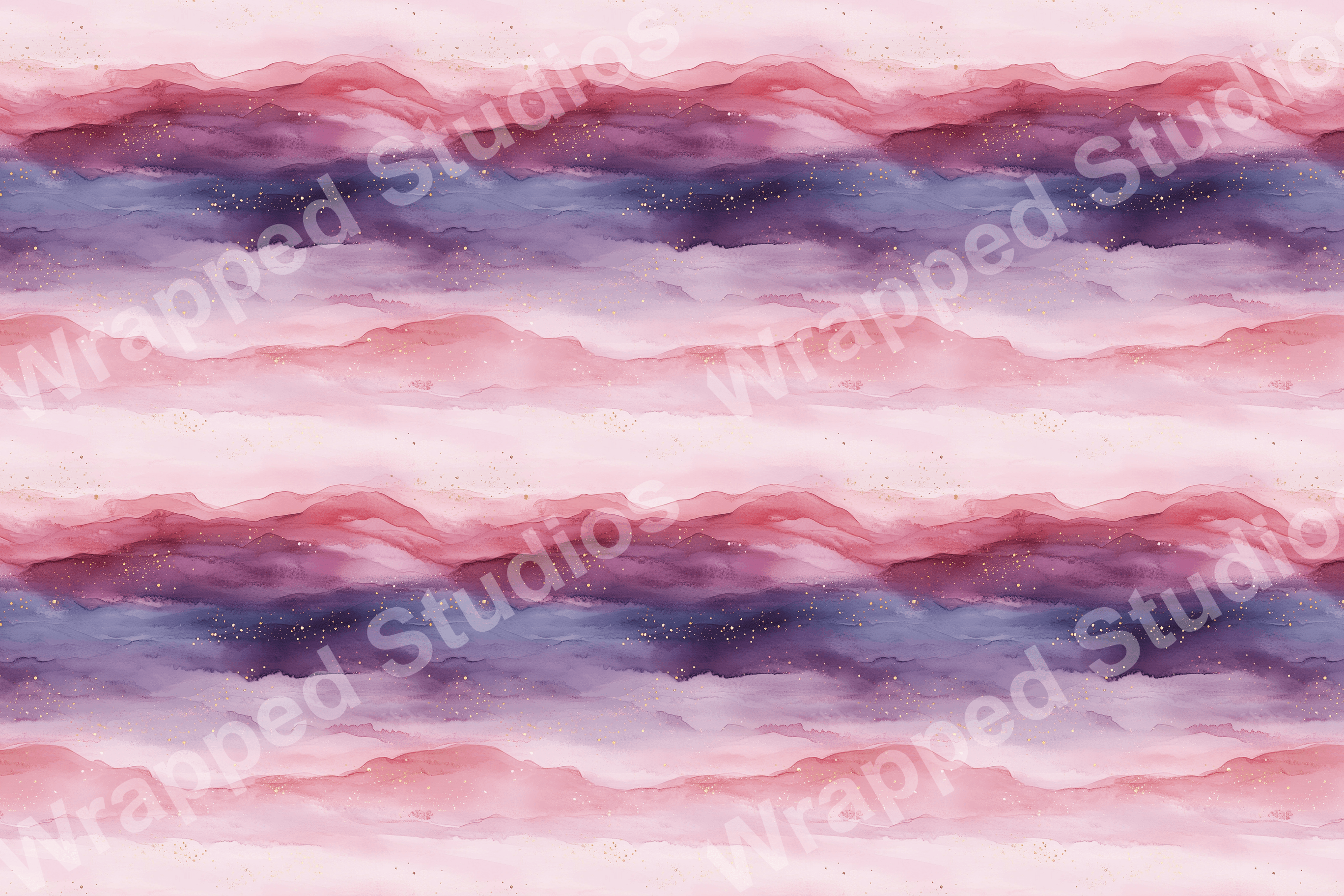 Watercolor landscape pattern with pink, purple, and blue washes and gold flecks.
