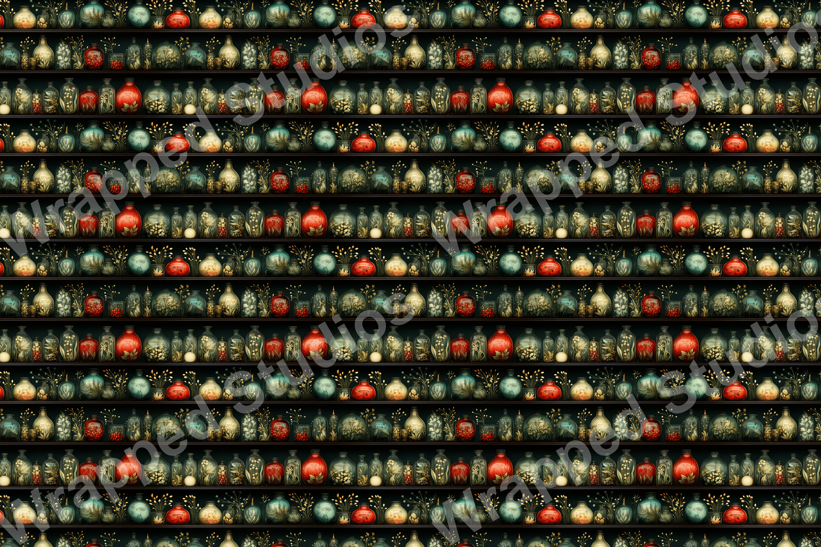 Vintage botanical apothecary design with rows of various bottles, jars, and golden sprigs in teal, red, and cream.
