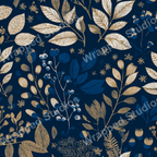 Navy and gold botanical pattern design with illustrated leaves, berries, and flowers.