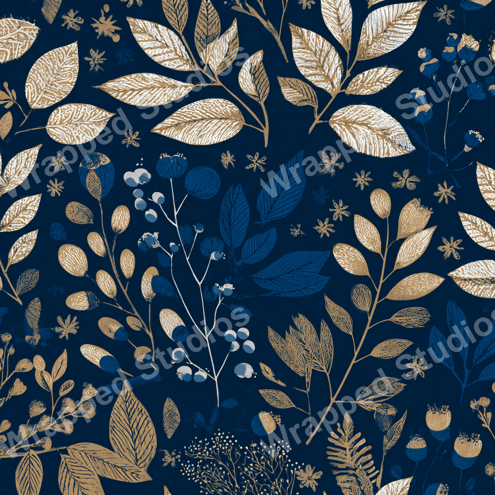 Navy and gold botanical pattern design with illustrated leaves, berries, and flowers.