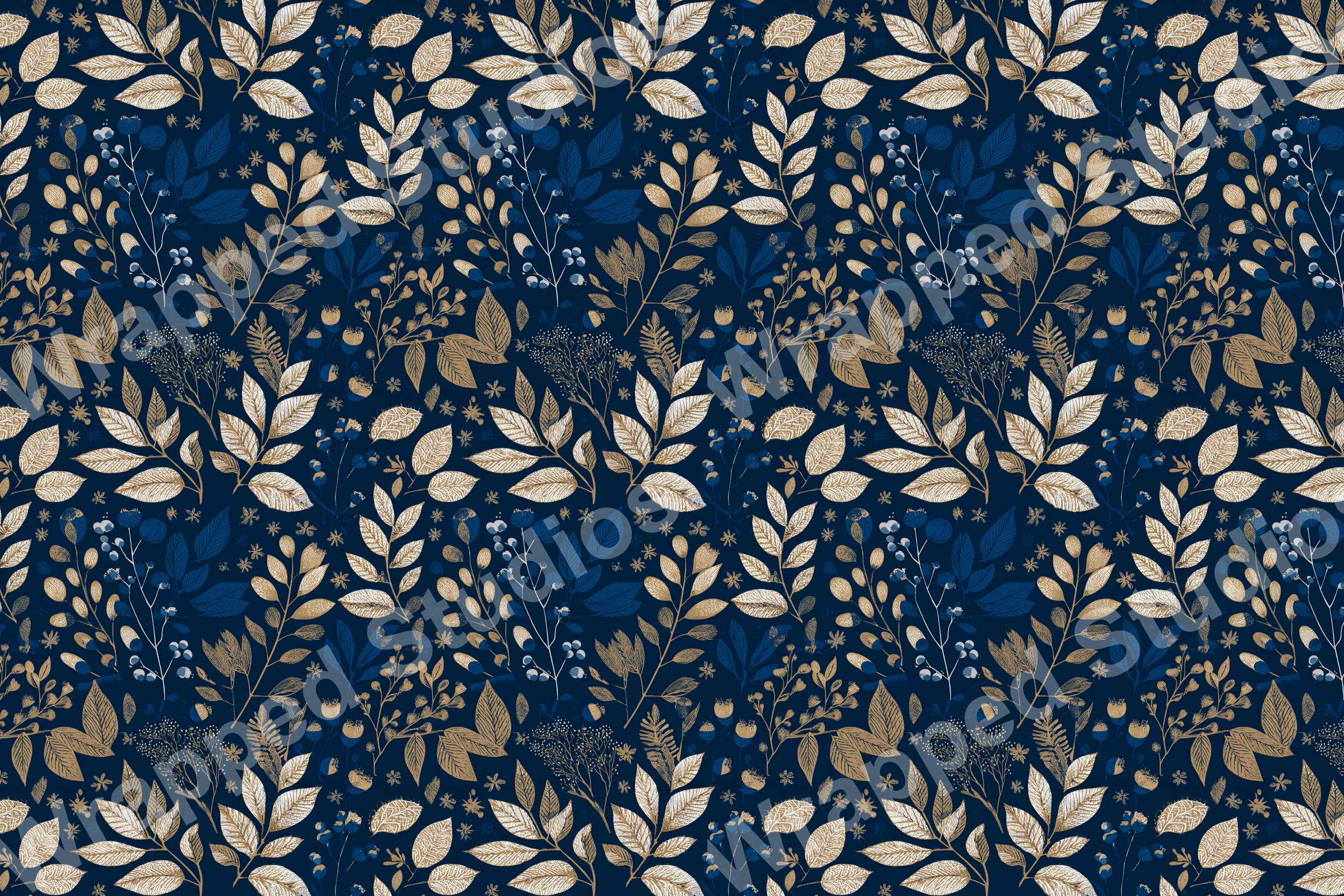 Elegant floral pattern with gold foliage and blue berries on a dark background.