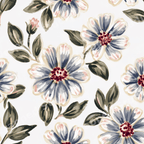 Vintage botanical floral pattern featuring hand-painted dusty blue daisies and green leaves on off-white.