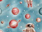Retro outer space pattern featuring hand-drawn astronauts and textured planets on a soft blue background.