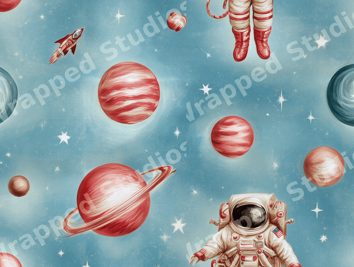 Retro outer space pattern featuring hand-drawn astronauts and textured planets on a soft blue background.