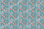 Vintage outer space pattern with watercolor astronauts, stars, and colorful planets on a teal background.