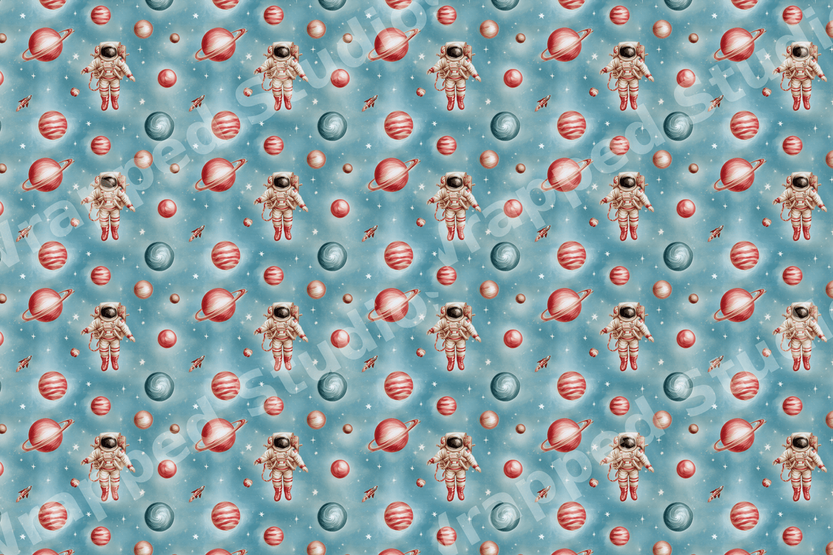Vintage outer space pattern with watercolor astronauts, stars, and colorful planets on a teal background.
