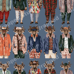 Quirky animal pattern featuring illustrated stags in colorful vintage suits on a slate blue background.
