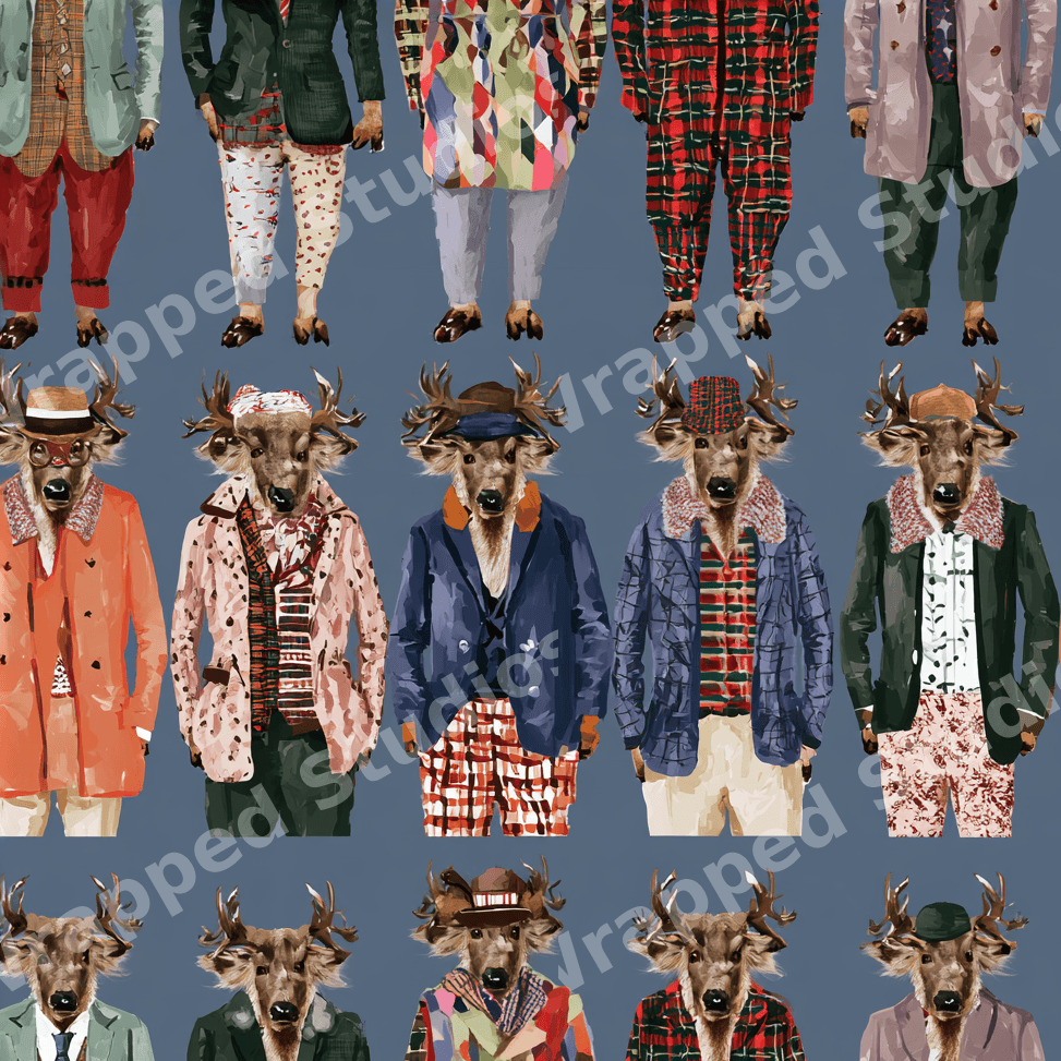 Quirky animal pattern featuring illustrated stags in colorful vintage suits on a slate blue background.