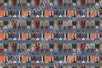 Quirky anthropomorphic deer pattern with stags dressed in colorful vintage suits on a blue background.