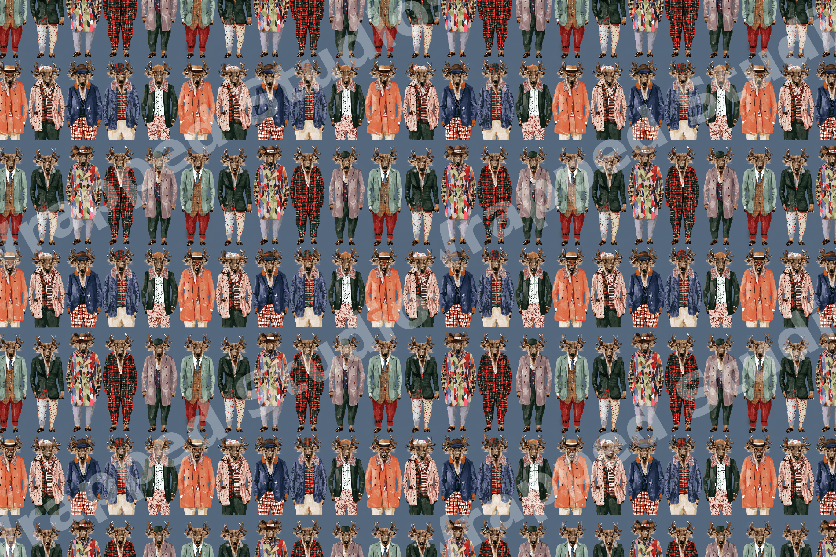 Quirky anthropomorphic deer pattern with stags dressed in colorful vintage suits on a blue background.